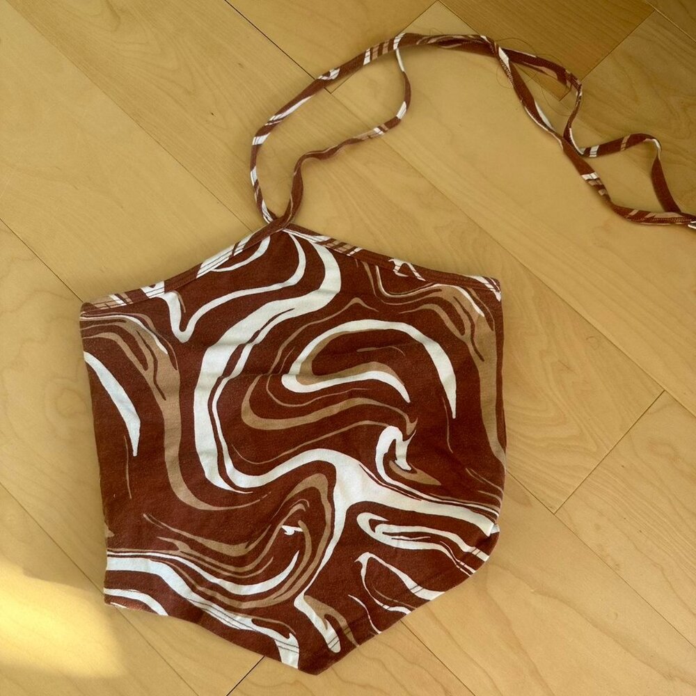 Brown and white swirl halter neck top